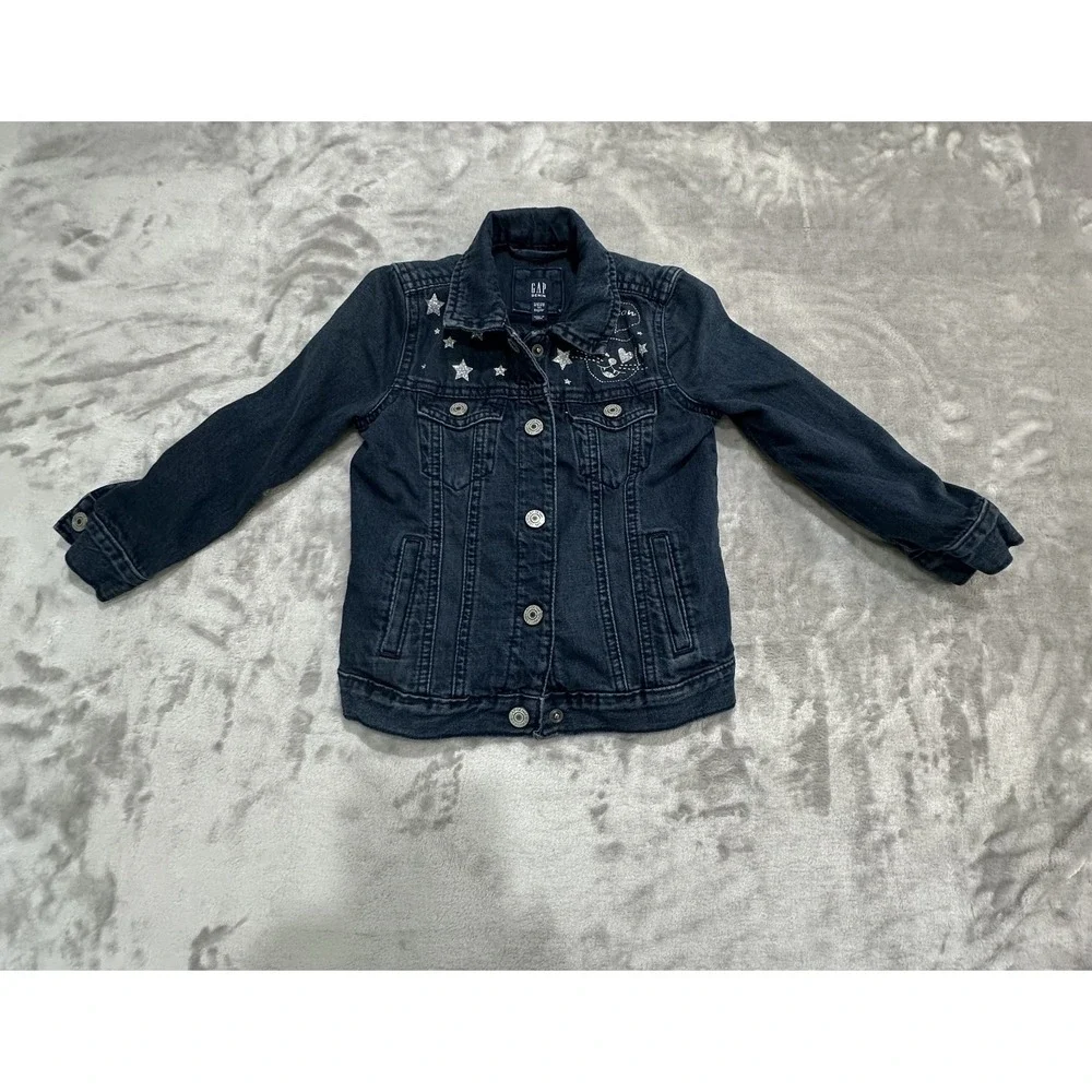 Gap Denim Jacket Girls Size XS Blue Jean Buttons Artsy Cat Meow‎ Long Sleeve EUC
